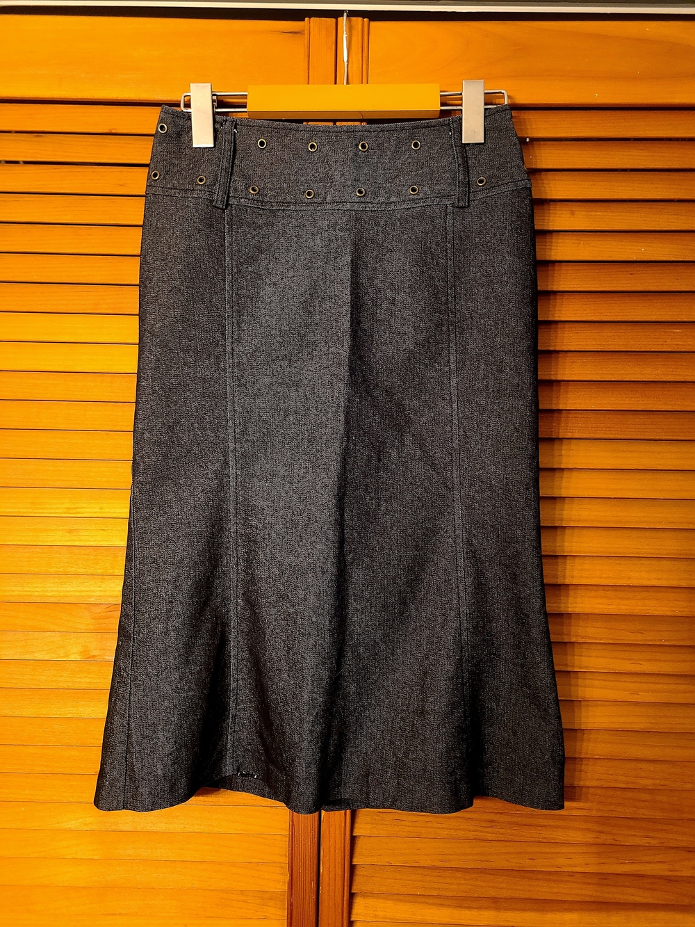 90s A-Line Midi Skirt with Grommet Waistband - Stretch Denim